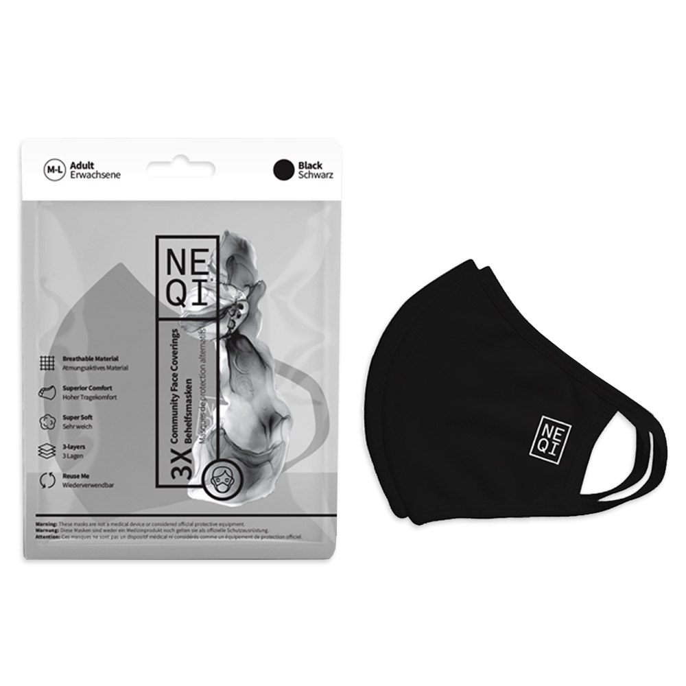 NEQI Face Mask Coverings Black M-L (3 PK)